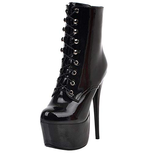 Zoducaran Mujer Moda Lace up Boots Ankle High Tacones de aguja Cremallera Botas cortas Heels Plataforma Performance Shoes Black Talla 38