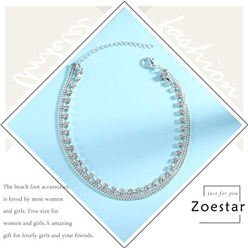 Zoestar - Pulsera tobillera de plata con cristales que imitan diamantes, con capas, de estilo bohemio, joyería para pies de mujeres y niñas
