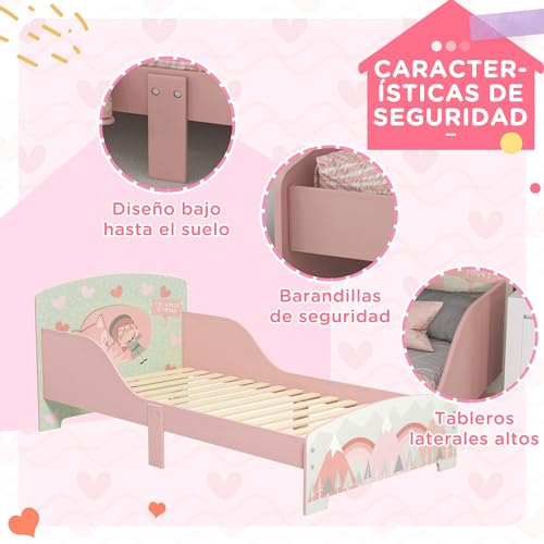 ZONEKIZ Cama Infantil de Madera 143x77x60 cm Cama para Niños de 3-6 Años con Barreras de Protección y Estampados Carga Máx. 40 kg Mueble de Dormitorio Moderno Rosa