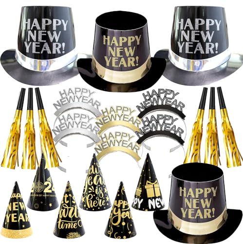 ZYDNANYANG Sombrero de fiesta de Año Nuevo 2024 Año Nuevo Año Nuevo,4 sombreros de fiesta,6 piezas Sombrero triangular puntiagudo,6 Feliz Año Nuevo Diadema Tiara Cuernos Sombreros Burbuja y Collar Kit