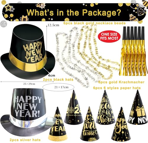 ZYDNANYANG Sombrero de fiesta de Año Nuevo 2024 Año Nuevo Año Nuevo,4 sombreros de fiesta,6 piezas Sombrero triangular puntiagudo,6 Feliz Año Nuevo Diadema Tiara Cuernos Sombreros Burbuja y Collar Kit