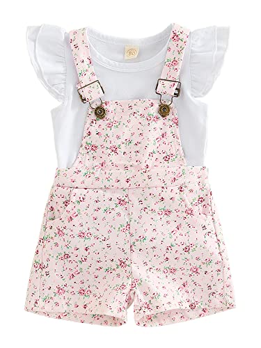ZZLBUF Conjunto de ropa para bebé y niña, enterizo de manga con volantes + pantalones cortos con bolsillo con tirantes florales, Rosa Floral, 4-5 años